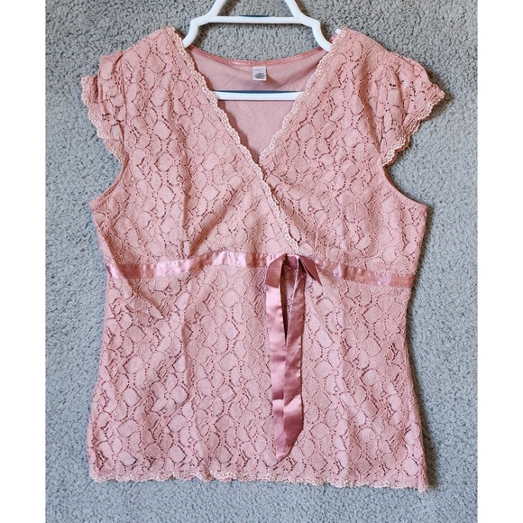 Merona Tops - Y2K Merona Lace Blouse Women XL‎ Pink Short Sleeve Empire Waist Satin Tie V-Neck